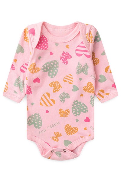Body Bebê Feminino Manga Longa Canelado Rosa Corações (Prematuro) - Top Chot - Tamanho PREMATURO - Rosa