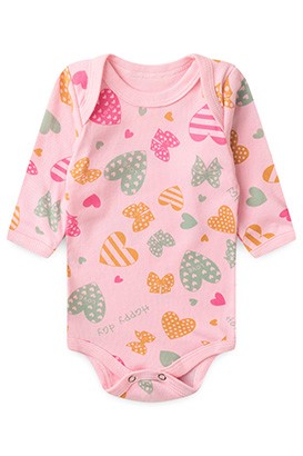 Body Bebê Feminino Manga Longa Canelado Rosa Corações (Prematuro) - Top Chot