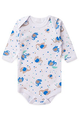 Body Bebê Manga Longa Canelado Branco Elefante Azul (PREMATURO) - Top Chot