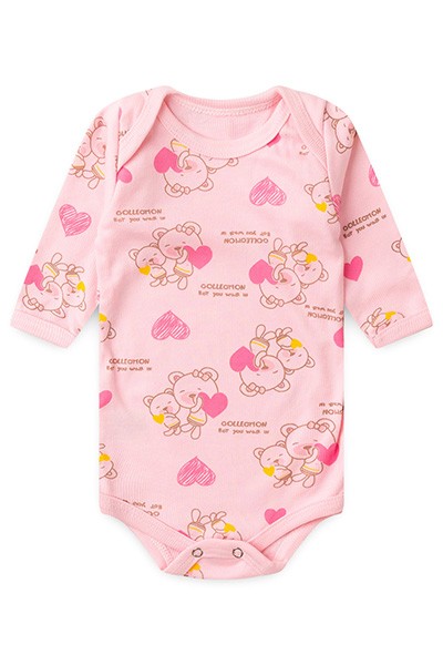 Body Bebê Feminino Manga Longa Rosa Ursa Coração (Prematuro) - Top Chot - Tamanho PREMATURO - Rosa