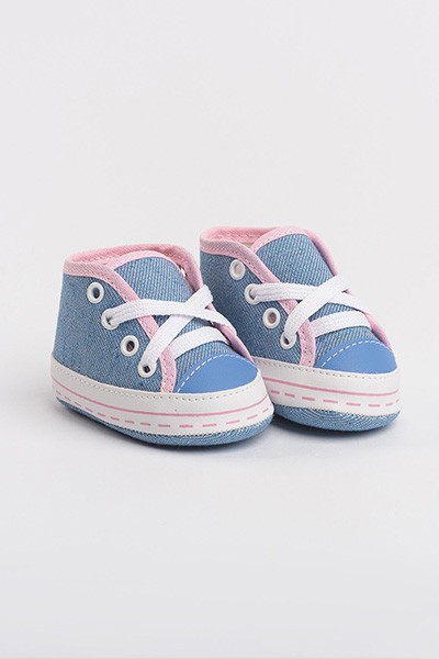 Tênis Bebê Feminino Cano Alto Azul Jeans e Rosa (P/M/G/GG) - Baby Soffete - Tamanho GG - Azul,Jeans,Rosa