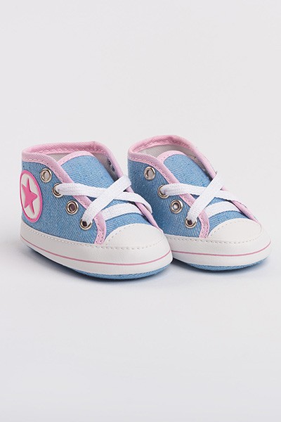 Tênis Bebê Feminino Star Cano Alto Azul Jeans e Rosa (P/M/G/GG) - Baby Soffete - Tamanho G - Azul,Jeans,Rosa