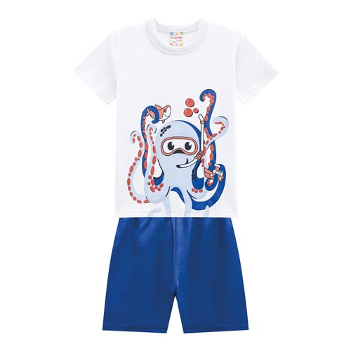Conjunto Bebê Masculino Camiseta Manga Curta Branca Polvo e Bermuda Azul Royal (P/M/G) - Brandili - Tamanho M - Azul Royal,Branco