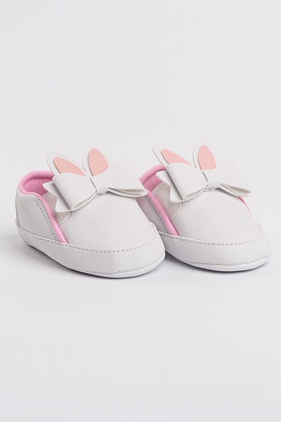 Tênis Bebê Feminino Slip-On Branco e Rosa Coelho com Laço (P/M/G) - Bebê Fofuxo - Tamanho G - Branco,Rosa