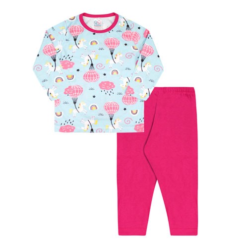 Pijama Infantil Feminino Meia Malha Camiseta Manga Longa Balão e Calça Pink (4/6/8) - Kappes - Tamanho 6 - Azul,Pink