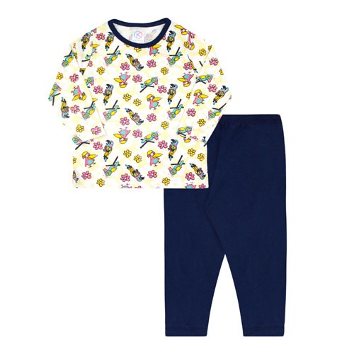 Pijama Infantil Feminino Meia Malha Camiseta Manga Longa Pássaros e Calça Marinho (4/6/8) - Kappes - Tamanho 6 - Amarelo,Azul Marinho