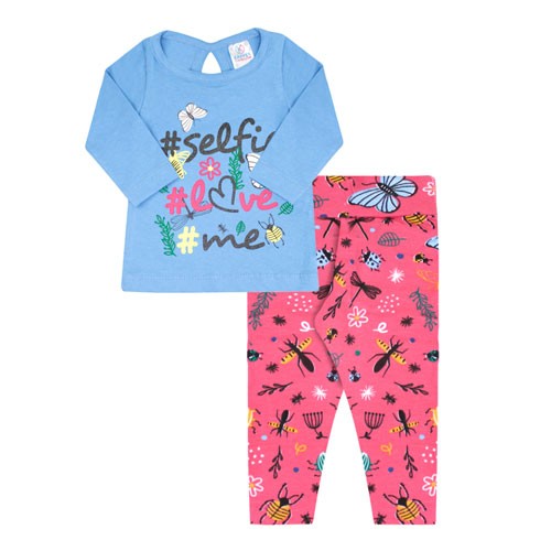 Conjunto Bebê Feminino Camiseta Manga Longa Azul e Legging Rosa Bichinhos (P/M) - Kappes - Tamanho M - Azul,Rosa