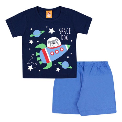 Pijama Bebê Masculino Curto Meia Malha Azul Marinho Foguete e Shorts Azul (1/2/3) - Gueda Kids - Tamanho 2 - Azul,Azul Marinho