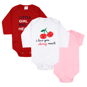 Kit Bebê Feminino 3 Bodies Suedine Branco e Vermelho Cherry (RN/P/M/G/GG) - Kappes - Tamanho GG - Branco,Vermelho,Rosa