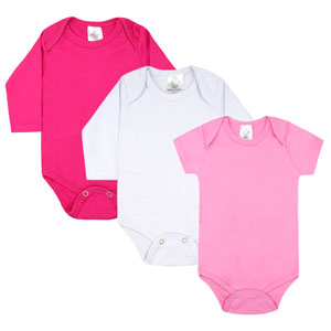 Kit Bebê Feminino 3 Bodies Ribana Pink, Branco e Rosa (P/M/G/GG) - Bebê Fofuxo - Tamanho GG - Pink,Branco,Rosa