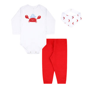 Kit Bebê Masculino 3 Peças Body e Calça com Babador Branco e Vermelho Siri (P/M/G/GG) - Bebê Fofuxo - Tamanho GG - Branco,Vermelho