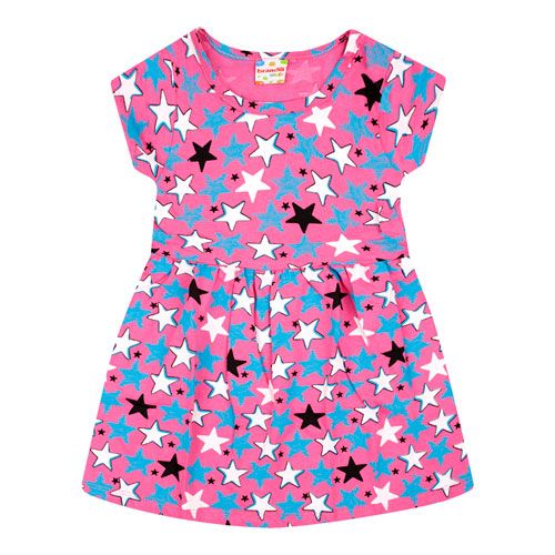 Vestido Infantil Manga Curta Meia Malha Rosa Estrelas (4/6/8) - Brandili - Tamanho 6 - Rosa