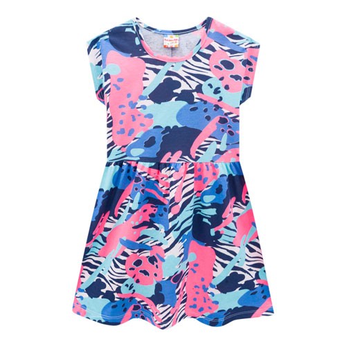 Vestido Infantil Manga Curta Meia Malha Azul Animal Print (4/6/8) - Brandili - Tamanho 8 - Azul