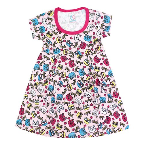 Vestido Bebê Manga Curta Cotton Rosa Gatinhos (1/2/3) - Kappes - Tamanho 2 - Rosa