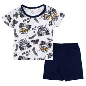 Pijama Infantil Masculino Camiseta Manga Curta Branca Monster Truck e Shorts (4/6/8) - Kappes - Tamanho 8 - Branco,Azul Marinho