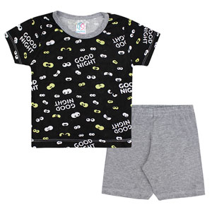 Pijama Infantil Masculino Camiseta Manga Curta Preta Olhinhos e Shorts (4/6/8) - Kappes - Tamanho 8 - Preto,Mescla