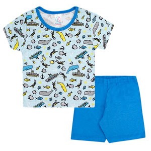 Pijama Infantil Masculino Camiseta Manga Curta Azul Fundo do Mar e Shorts (4/6/8) - Kappes - Tamanho 8 - Azul,Turquesa