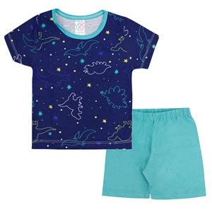Pijama Infantil Masculino Camiseta Manga Curta Azul Marinho Dinossauro e Shorts (4/6/8) - Kappes - Tamanho 8 - Azul Marinho,Verde