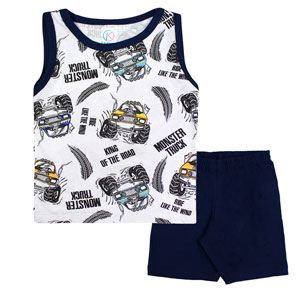 Pijama Infantil Masculino Regata Branca Monster Truck e Shorts (4/6/8) - Kappes - Tamanho 8 - Azul Marinho,Branco