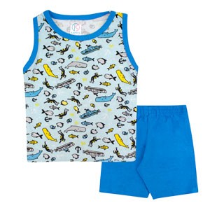 Pijama Infantil Masculino Regata Azul Fundo do Mar e Shorts (4/6/8) - Kappes - Tamanho 8 - Azul,Turquesa