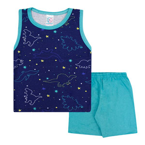 Pijama Infantil Masculino Regata Azul Marinho Dinossauro e Shorts (4/6/8) - Kappes - Tamanho 8 - Azul Marinho,Verde