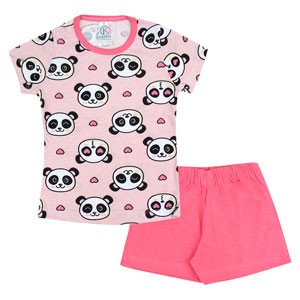 Pijama Bebê Feminino Camiseta Manga Curta Pandas e Shorts Rosa (1/2/3) - Kappes - Tamanho 3 - Rosa