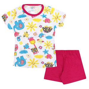 Pijama Bebê Feminino Camiseta Manga Curta Branca Animais e Shorts Pink (1/2/3) - Kappes - Tamanho 3 - Branco,Pink