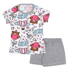 Pijama Bebê Feminino Camiseta Manga Curta Branca Urso do Amor e Shorts Mescla (1/2/3) - Kappes - Tamanho 3 - Branco,Mescla