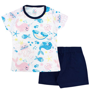 Pijama Bebê Feminino Camiseta Manga Curta Branca Fundo do Mar e Shorts Azul Marinho (1/2/3) - Kappes - Tamanho 3 - Azul Marinho,Branco