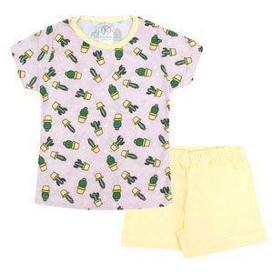 Pijama Bebê Feminino Camiseta Manga Curta Rosa Cactos e Shorts Amarelo (1/2/3) - Kappes - Tamanho 3 - Rosa,Amarelo
