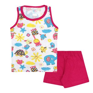Pijama Bebê Feminino Camiseta Regata Branca Animais e Shorts Pink (1/2/3) - Kappes - Tamanho 3 - Branco,Pink