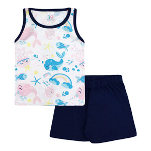 Pijama Bebê Feminino Regata Branca Fundo do Mar e Shorts Azul Marinho (1/2/3) - Kappes - Tamanho 3 - Azul Marinho,Branco