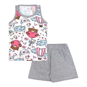 Pijama Infantil Feminino Regata Branca Urso do Amor e Shorts Mescla (4/6/8) - Kappes - Tamanho 8 - Branco,Mescla
