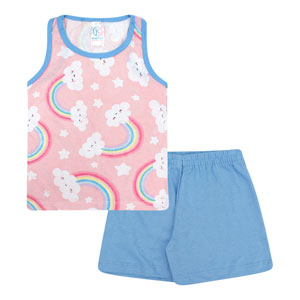 Pijama Infantil Feminino Regata Rosa Arco-Íris e Shorts Azul (4/6/8) - Kappes - Tamanho 8 - Azul,Rosa