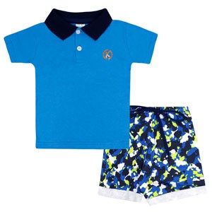 Conjunto Bebê Masculino Camiseta Polo Turquesa e Bermuda Camuflada (P/M/G) - Kappes - Tamanho G - Turquesa,Preto,Branco