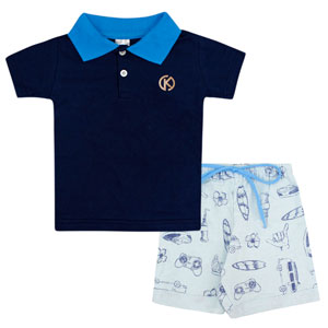 Conjunto Infantil Masculino Camiseta Polo Azul Marinho e Bermuda Azul Estampada (4/6/8) - Kappes - Tamanho 8 - Azul Marinho,Azul