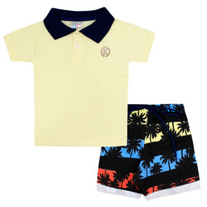 Conjunto Infantil Masculino Camiseta Polo Amarela e Bermuda Preta Estampada (4/6/8) - Kappes - Tamanho 8 - Amarelo,Preto