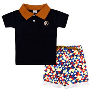 Conjunto Infantil Masculino Camiseta Polo Preta e Bermuda Mescla Estampada (4/6/8) - Kappes - Tamanho 8 - Preto,Mescla
