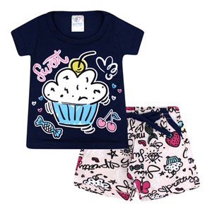 Conjunto Bebê Feminino Camiseta Manga Curta Azul Marinho Bolinho e Shorts Rosa (P/M/G) - Kappes - Tamanho G - Azul Marinho,Rosa