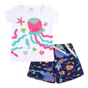 Conjunto Bebê Feminino Camiseta Manga Curta Branca Fundo do Mar e Shorts (P/M/G) - Kappes - Tamanho G - Branco,Azul Marinho