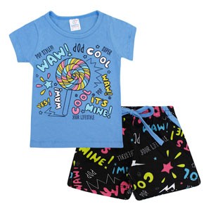 Conjunto Bebê Feminino Camiseta Manga Curta Azul Pirulito e Shorts Preto (P/M/G) - Kappes - Tamanho G - Azul,Preto