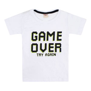 Camiseta Infantil Masculina Meia Malha Manga Curta Branca Game Over (4/6/8) - Viston - Tamanho 8 - Branco