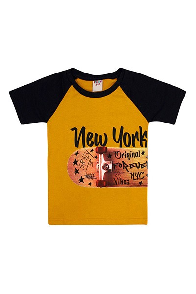 Camiseta Infantil Masculina Meia Malha Raglan Mostarda e Preto Skate (4/6/8) - Viston - Tamanho 4 - Mostarda,Preto