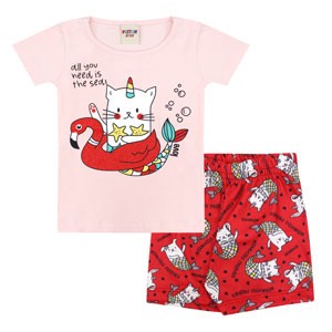 Conjunto Bebê Feminino Camiseta Manga Curta Rosa Gatacórnio e Shorts Vermelho (1/2/3) - Viston - Tamanho 3 - Rosa,Vermelho