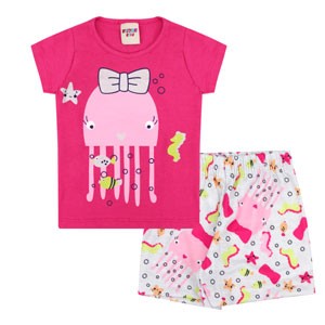 Conjunto Bebê Feminino Camiseta Manga Curta Pink Polvo de Laço e Shorts Mescla (P/M/G) - Viston - Tamanho G - Pink,Mescla