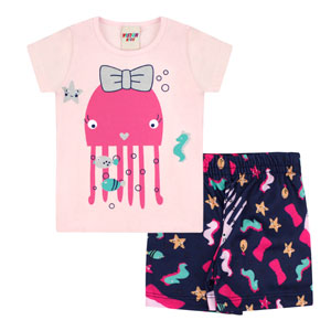Conjunto Bebê Feminino Camiseta Manga Curta Rosa Polvo de Laço e Shorts Estampado (P/M/G) - Viston - Tamanho G - Rosa,Azul Marinho