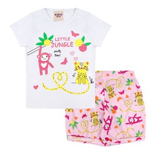 Conjunto Bebê Feminino Camiseta Manga Curta Branca Animais e Shorts Rosa (P/M/G) - Viston - Tamanho G - Branco,Rosa
