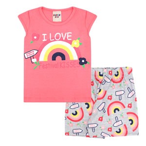 Conjunto Bebê Feminino Camiseta Manga Curta Rosa Arco-Íris e Shorts Mescla (P/M/G) - Viston - Tamanho G - Rosa,Mescla
