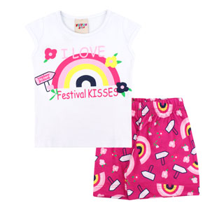 Conjunto Bebê Feminino Camiseta Manga Curta Branca Arco-Íris e Shorts Pink (P/M/G) - Viston - Tamanho M - Branco,Pink