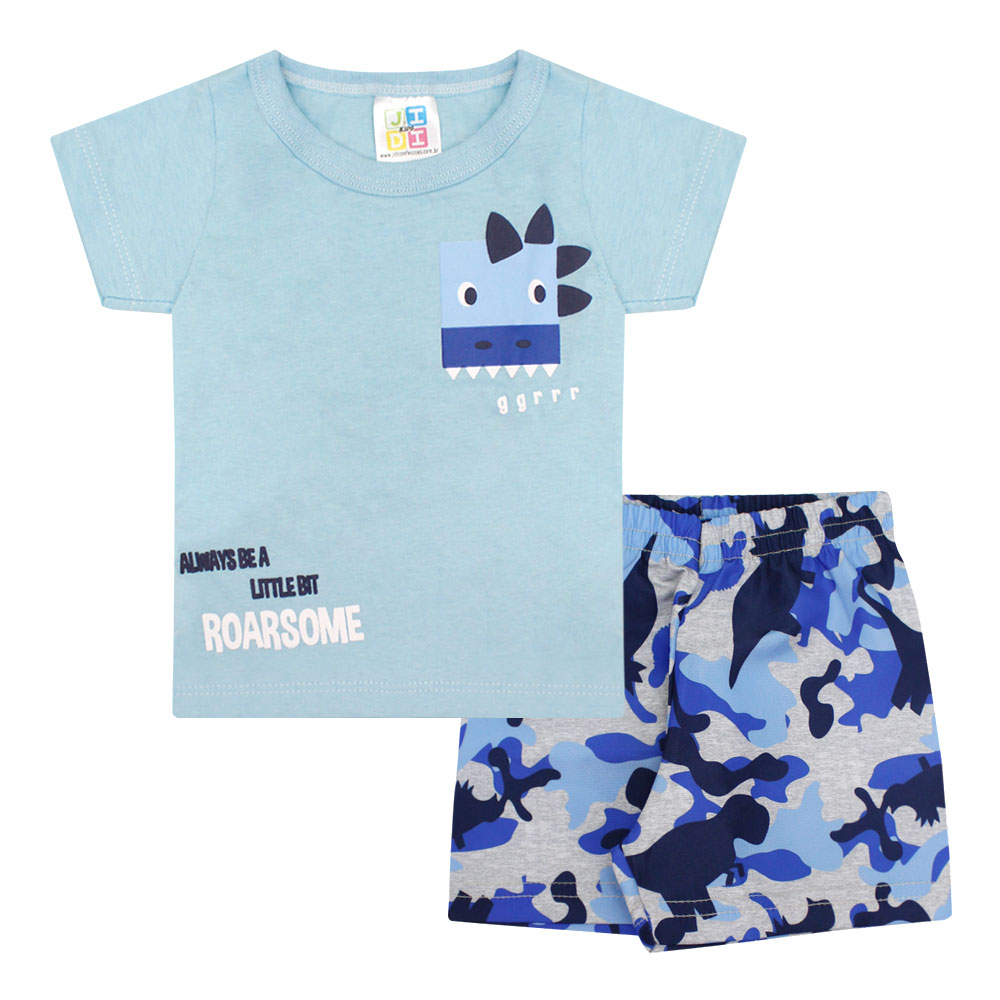 Conjunto Bebê Camiseta Azul Dino e Bermuda (P/M/G) para Bebê